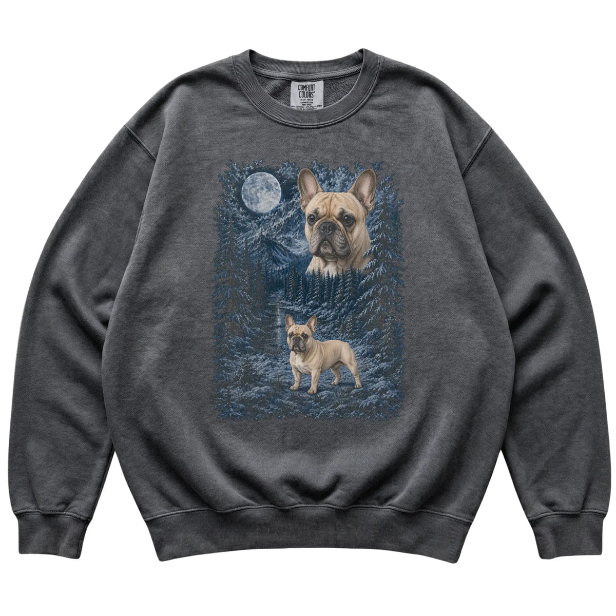 pepper sweatshirt with French Bulldog Winter Moon artwork.