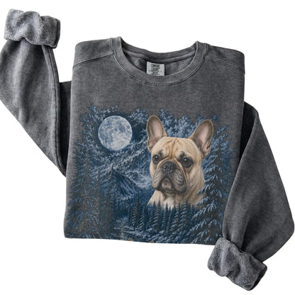 Folded pepper sweatshirt with French Bulldog Winter Moon artwork.