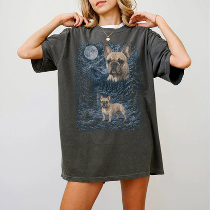 Model wearing a pepper T-shirt with French Bulldog Winter Moon artwork.