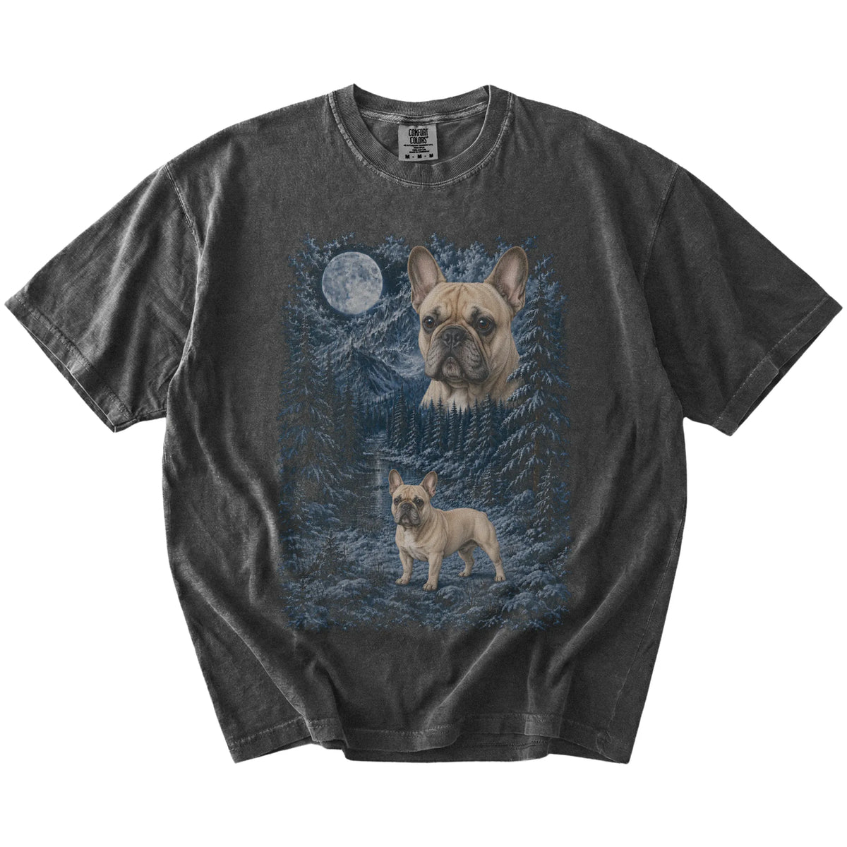 pepper T-shirt with French Bulldog Winter Moon artwork.