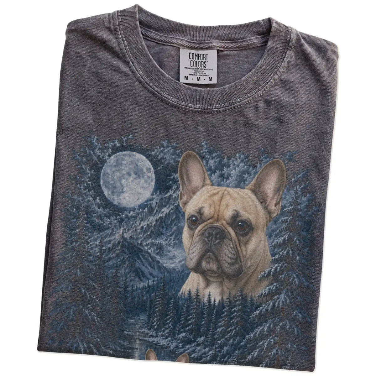 Folded pepper T-shirt with French Bulldog Winter Moon artwork.
