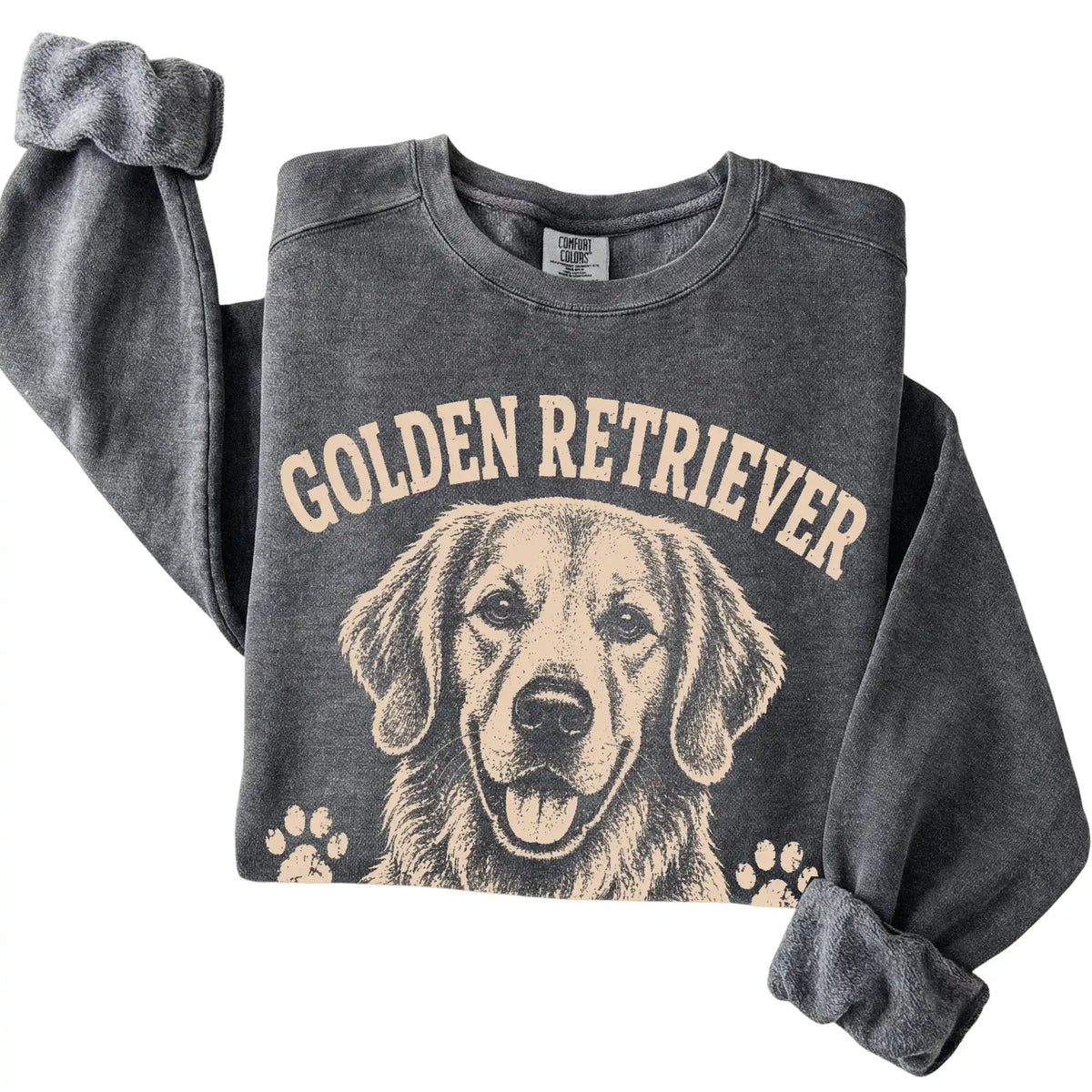 Pepper Comfort Colors® sweatshirt featuring Friendly Is My Default Setting - Golden Retriever, folded presentation