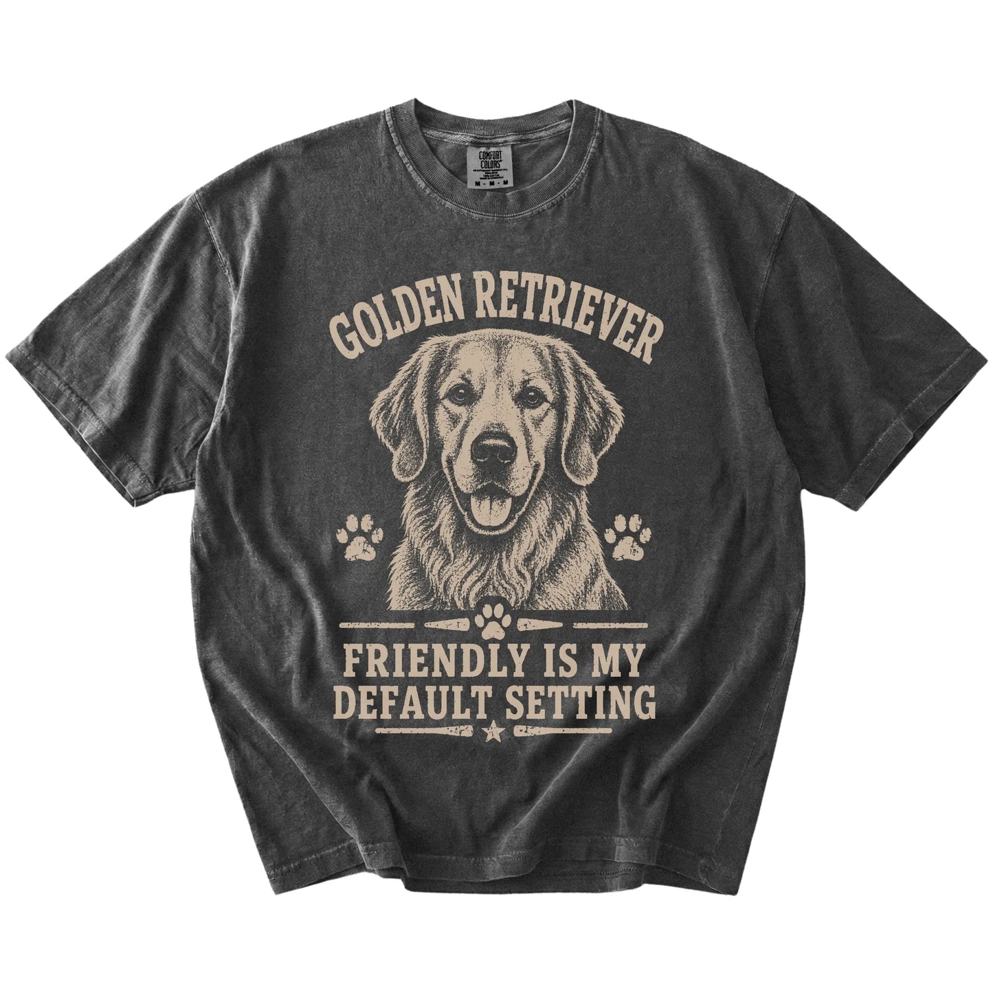Golden Retriever design with “Friendly Is My Default Setting” lettering on a Pepper Comfort Colors® T-shirt