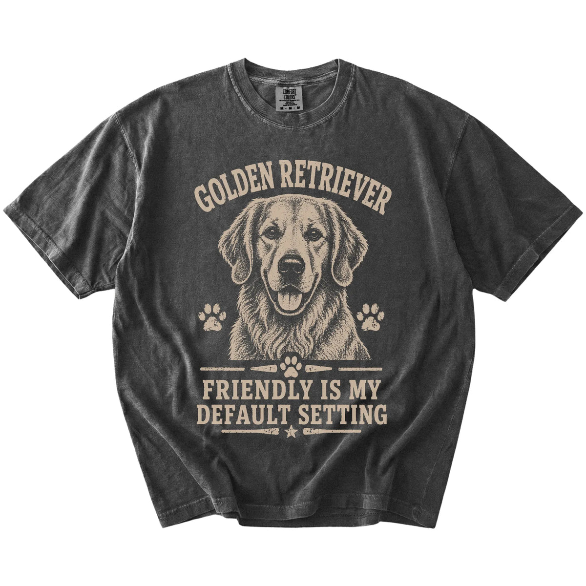Golden Retriever design with “Friendly Is My Default Setting” lettering on a Pepper Comfort Colors® T-shirt