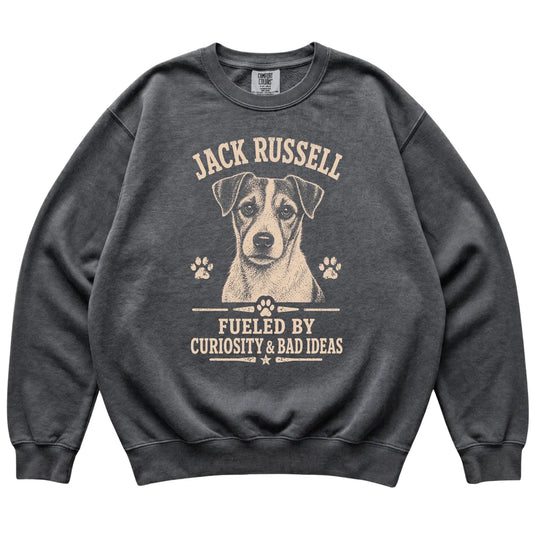 Pepper Comfort Colors® sweatshirt featuring Fueled By Curiosity & Bad Ideas - Jack Russell, laid-flat presentation