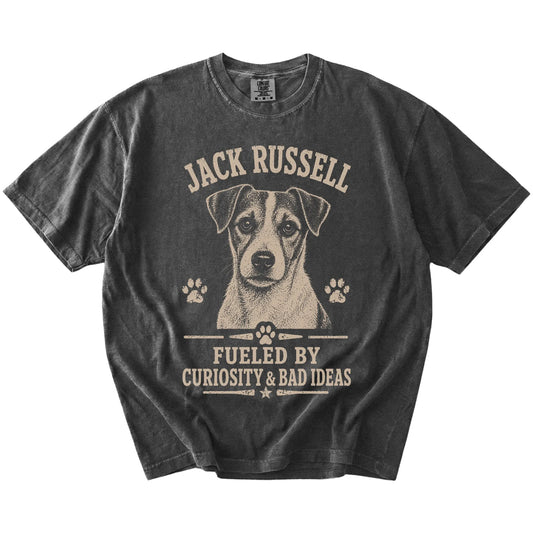 Jack Russell design with “Fueled By Curiosity & Bad Ideas” lettering on a Pepper Comfort Colors® T-shirt