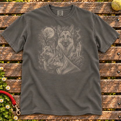 German Shepherd 90s Moon design on a Pepper T-shirt shown flat