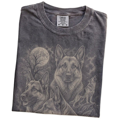 Folded Pepper Comfort Colors® T-shirt showing a vintage moon montage featuring German Shepherd