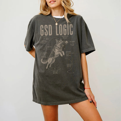 Woman wearing a Pepper German Shepherd Ball Logic T-Shirt