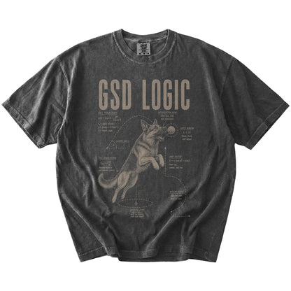 Pepper German Shepherd Ball Logic T-Shirt laid flat