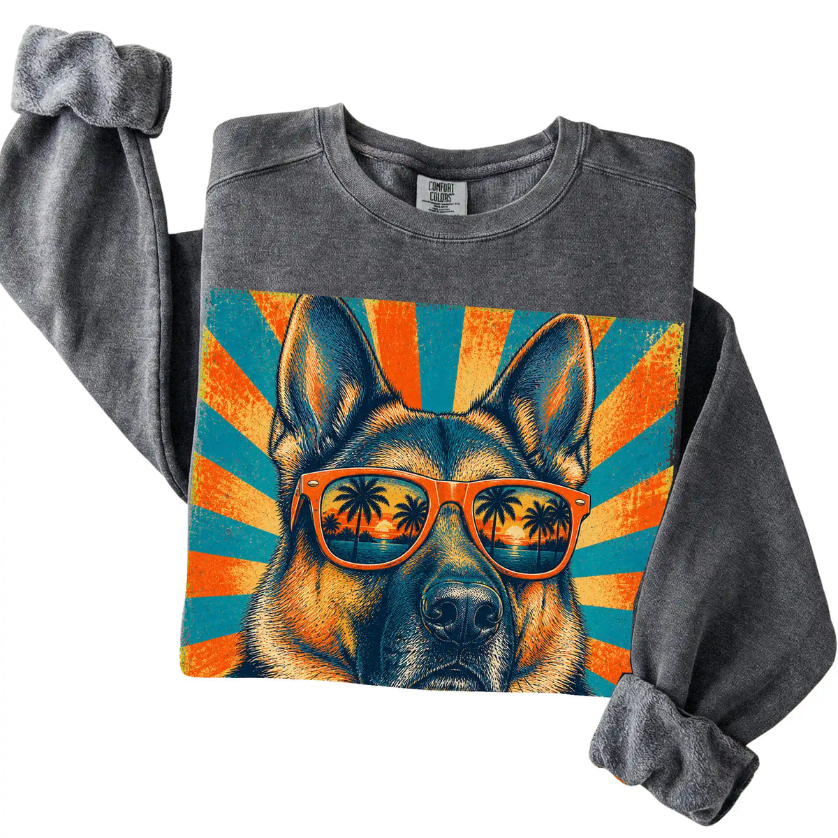 Folded Pepper Comfort Colors sweatshirt with a Retro German Shepherd Dad design