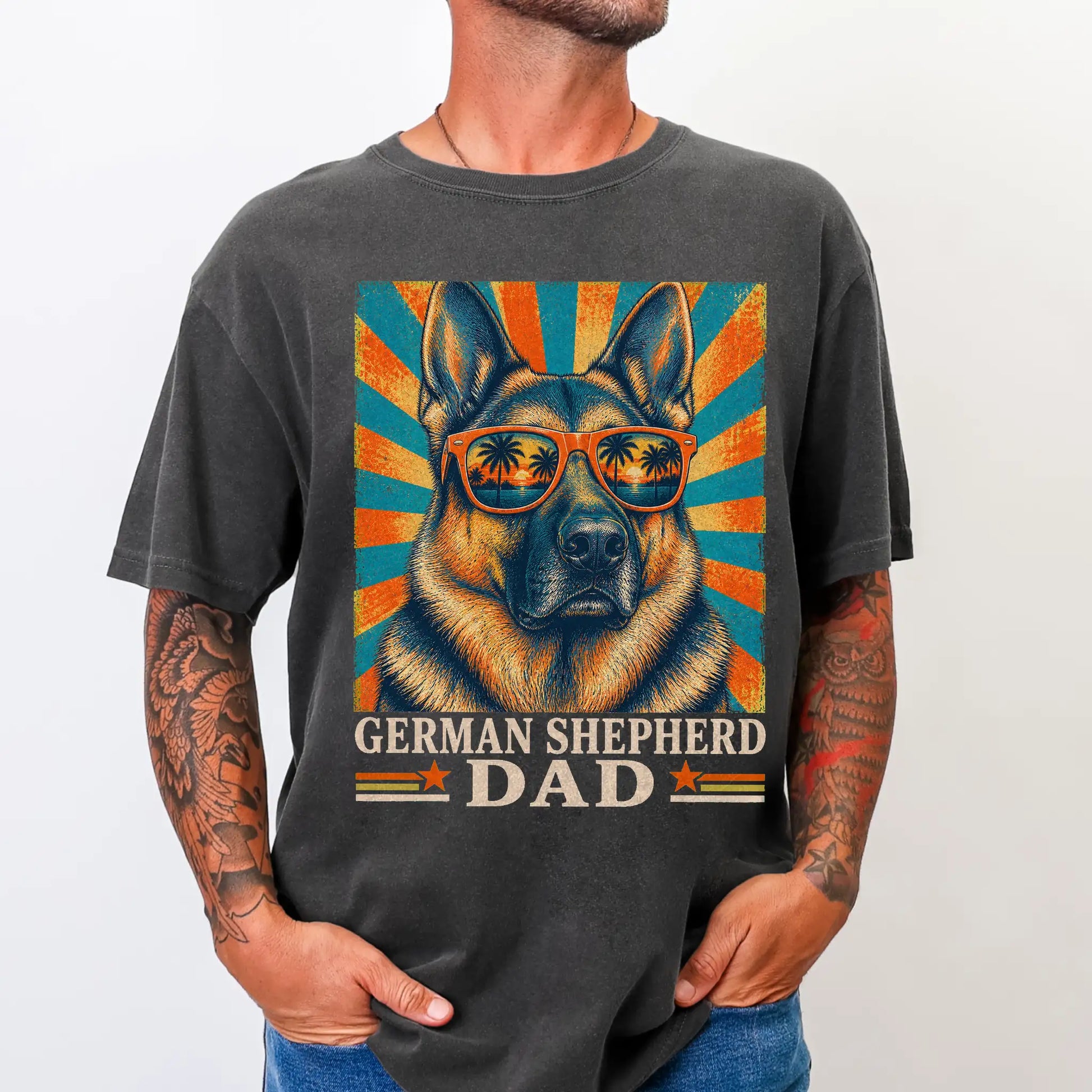 Retro German Shepherd Dad design on a Pepper Comfort Colors T-shirt worn by a model