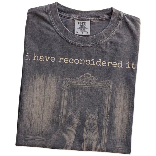 Folded Pepper Comfort Colors® T-shirt showing “the answer is still no” german shepherd design