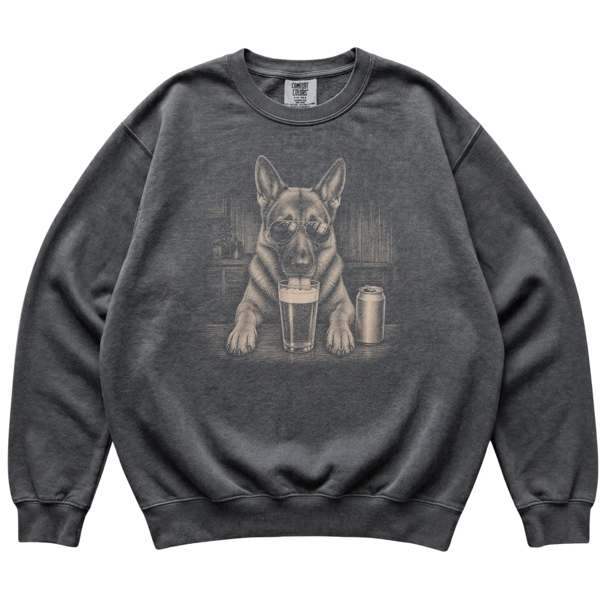 Pepper German Shepherd drinking from a pint at a bar, laid flat