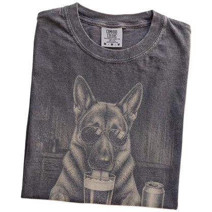 Folded Pepper Comfort Colors® t-shirt showing German Shepherd sneaking a drink from a pint