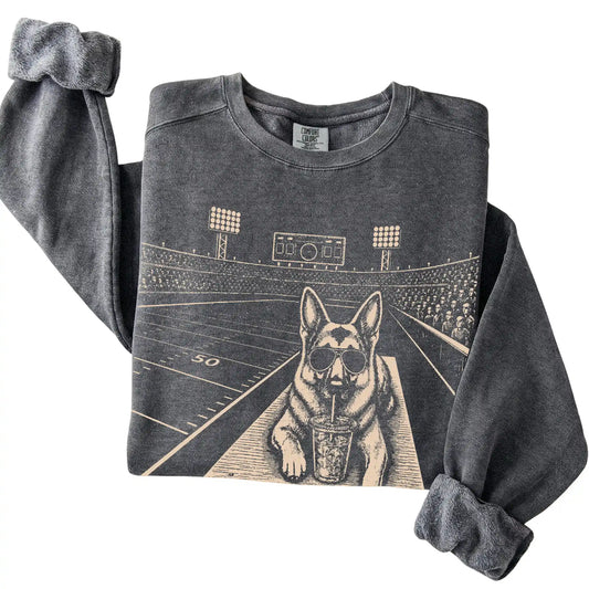Pepper German Shepherd Football Tailgate sweatshirt, folded