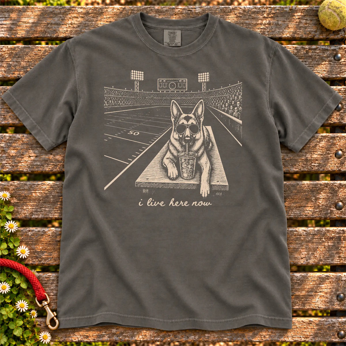 German Shepherd Iced Coffee Football design on a Pepper Comfort Colors T-shirt, shown flat