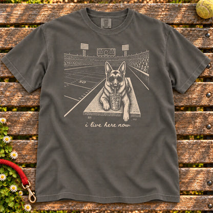 German Shepherd Iced Coffee Football design on a Pepper Comfort Colors T-shirt, shown flat