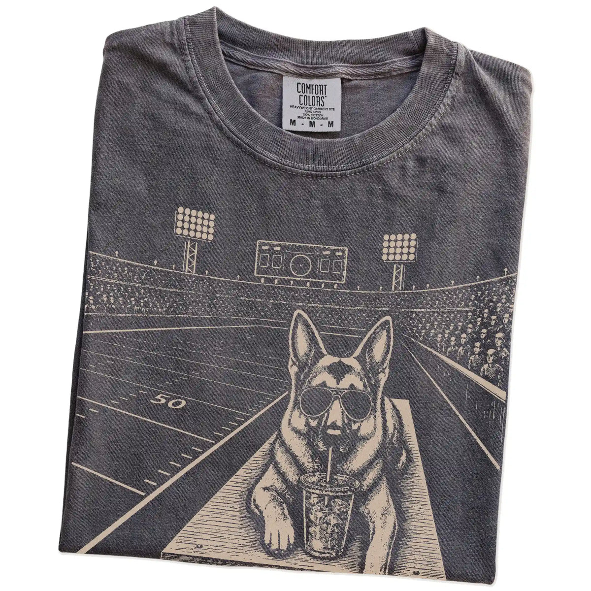 Folded Pepper Comfort Colors® T-shirt showing German Shepherd ready for football and tailgate season