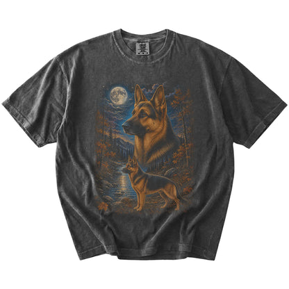 German Shepherd in a moonlit fall forest scene on a Pepper Comfort Colors® t-shirt