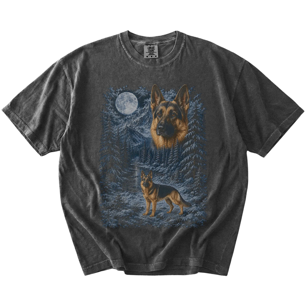 German Shepherd in a snowy winter forest on a Pepper t-shirt