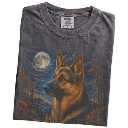 Folded Pepper Comfort Colors® t-shirt showing German Shepherd in a fall forest graphic