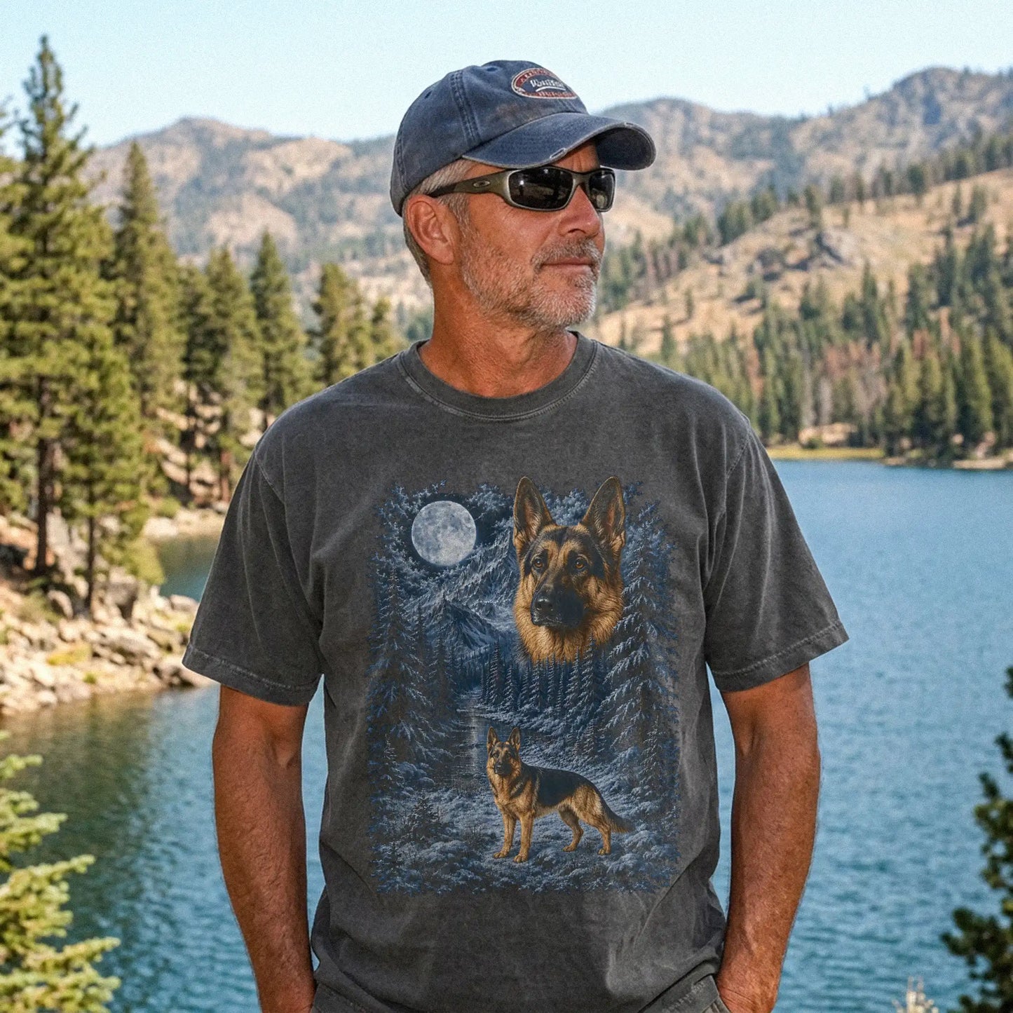 Person wearing a Pepper German Shepherd winter forest t-shirt