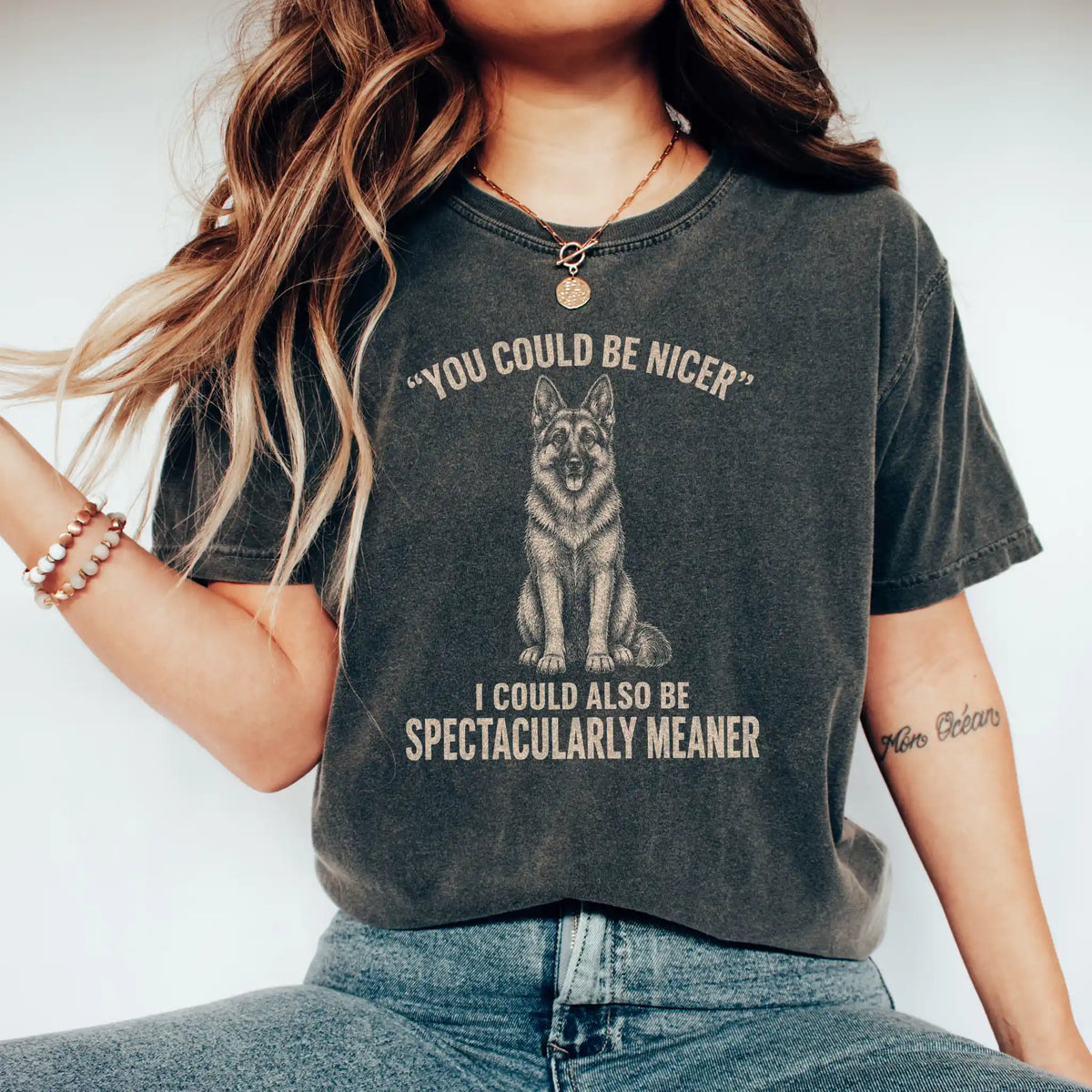 German Shepherd Guard Dog T-Shirt in Pepper worn in a studio setting
