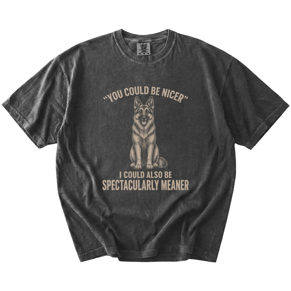 German Shepherd Guard Dog T-Shirt in Pepper — flat lay