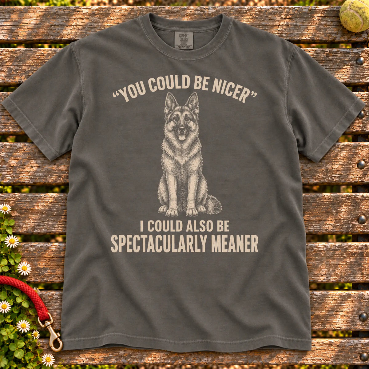 German Shepherd Guard Dog design on a Pepper Comfort Colors T-shirt, shown flat