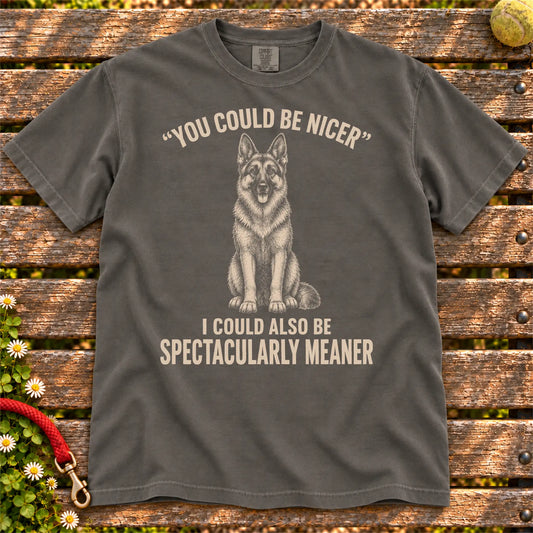 German Shepherd Guard Dog design on a Pepper Comfort Colors T-shirt, shown flat