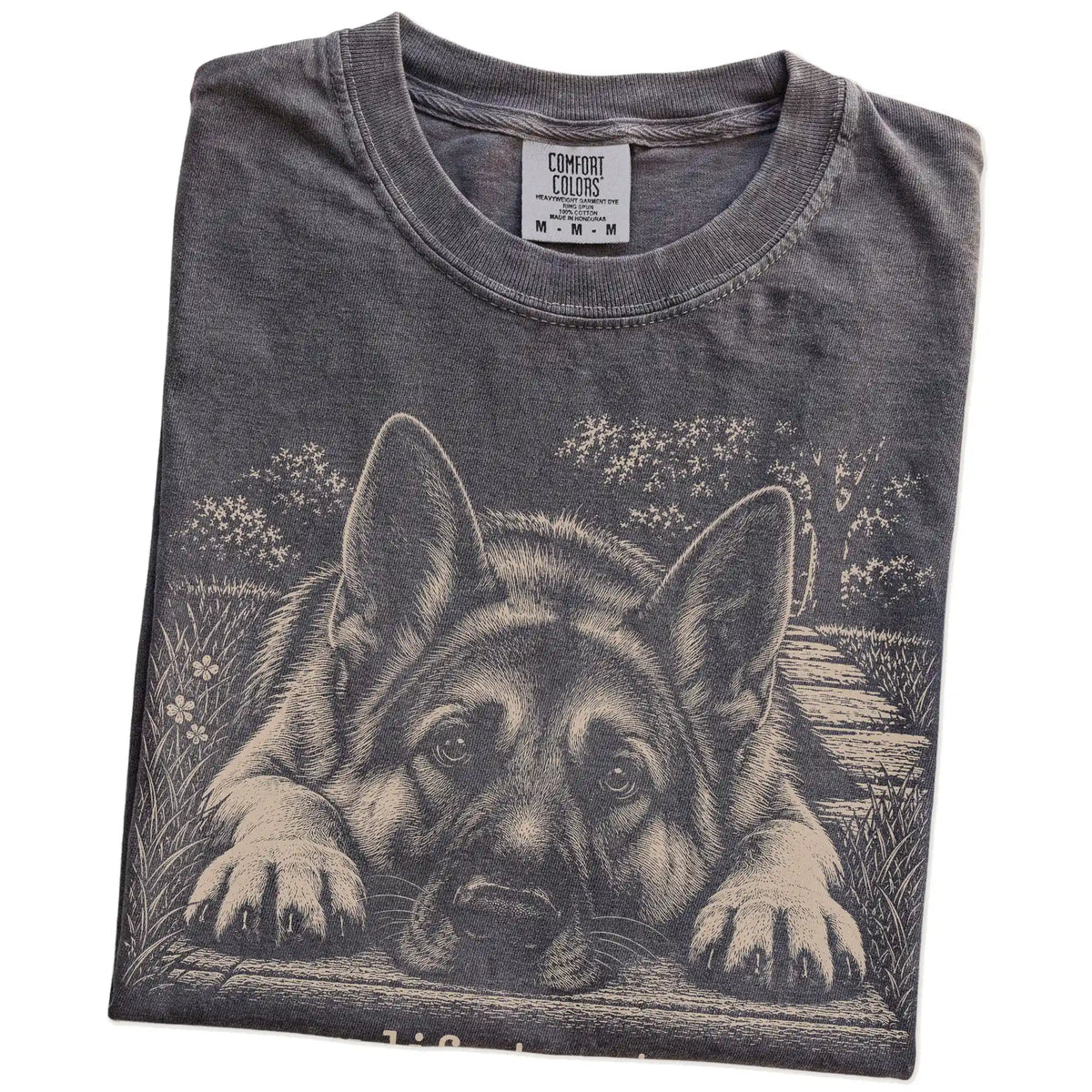 German Shepherd Karma Comfort Colors T-shirt in Pepper — Folded Detail