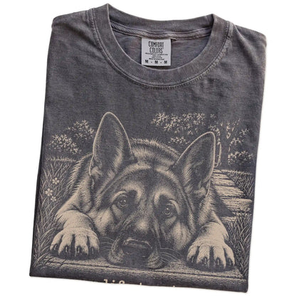 German Shepherd Karma Comfort Colors T-shirt in Pepper — Folded Detail