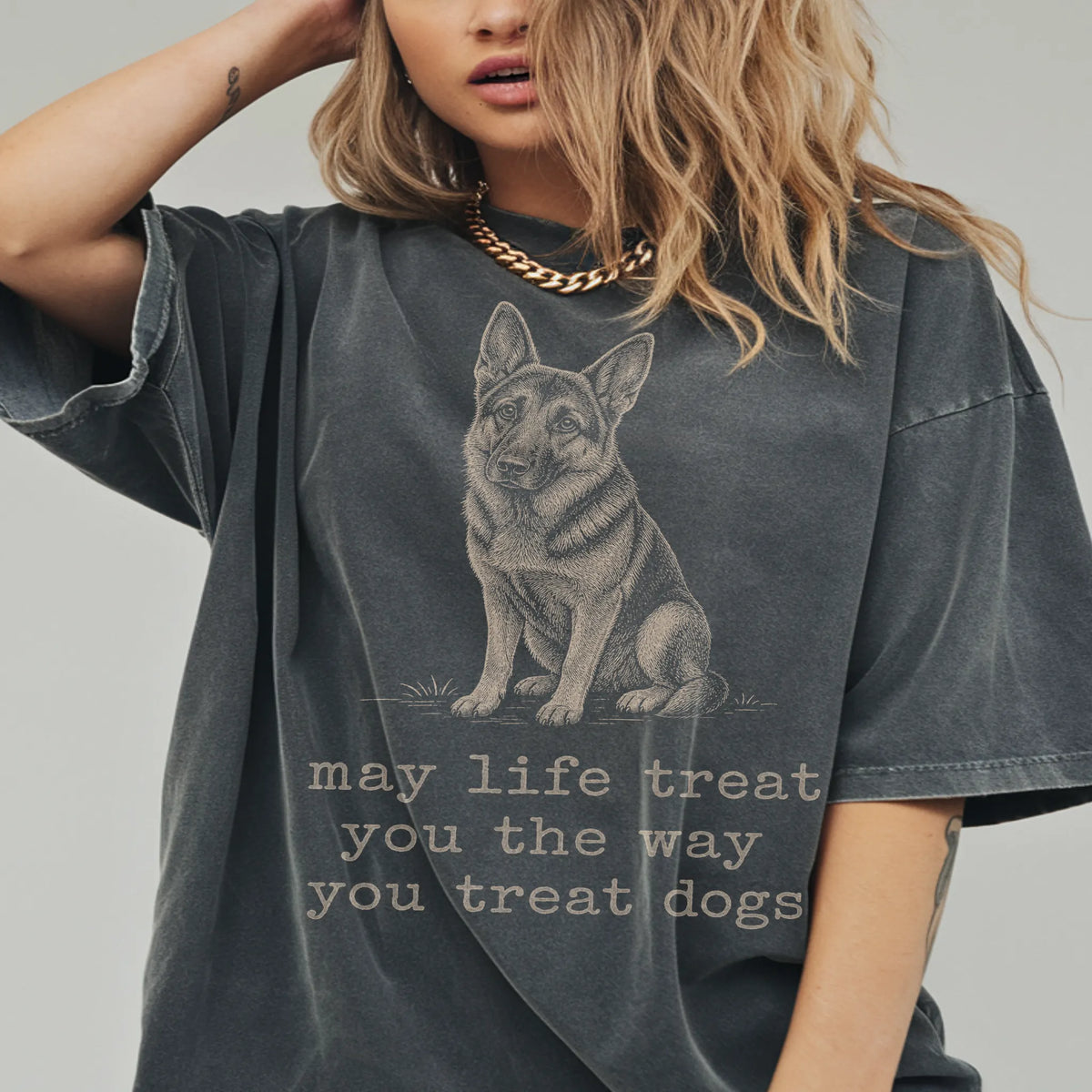Woman wearing a Pepper German Shepherd Karma T-Shirt