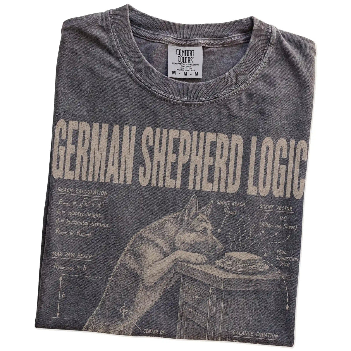 Folded Pepper German Shepherd Logic T-Shirt showing the graphic