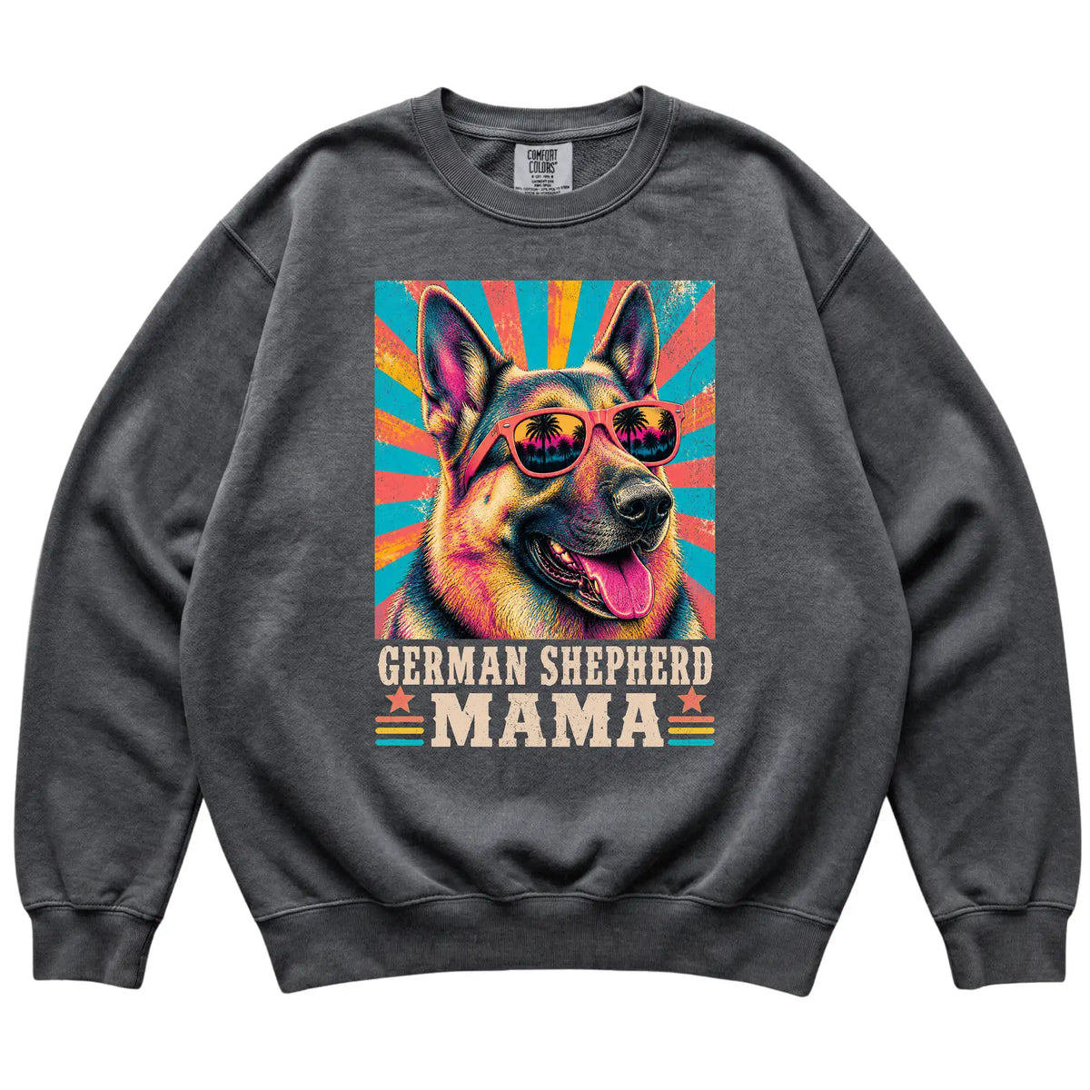 Retro German Shepherd Mama design on a Pepper Comfort Colors sweatshirt