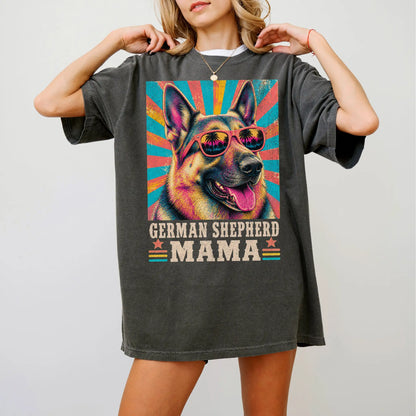 Retro German Shepherd Mama design on a Pepper Comfort Colors T-shirt worn by a model