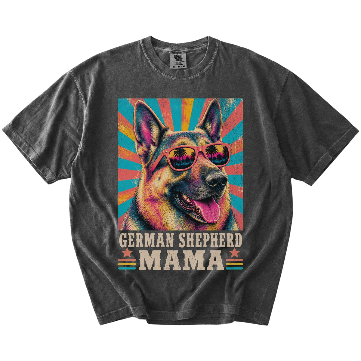 Retro German Shepherd Mama design on a Pepper Comfort Colors T-shirt