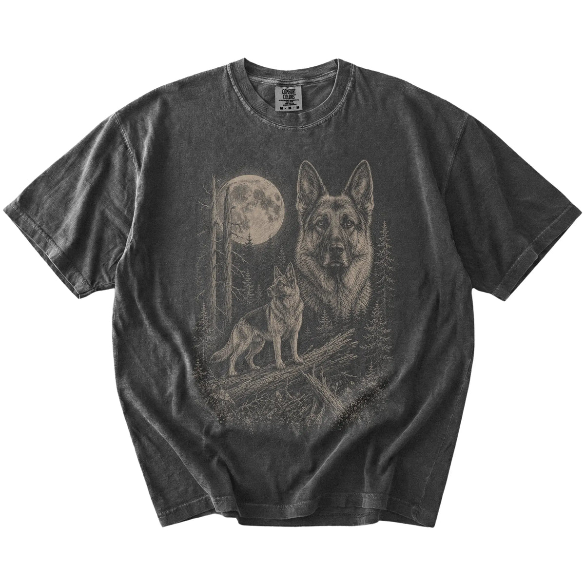 Pepper German Shepherd Moonlit Forest T-Shirt laid flat