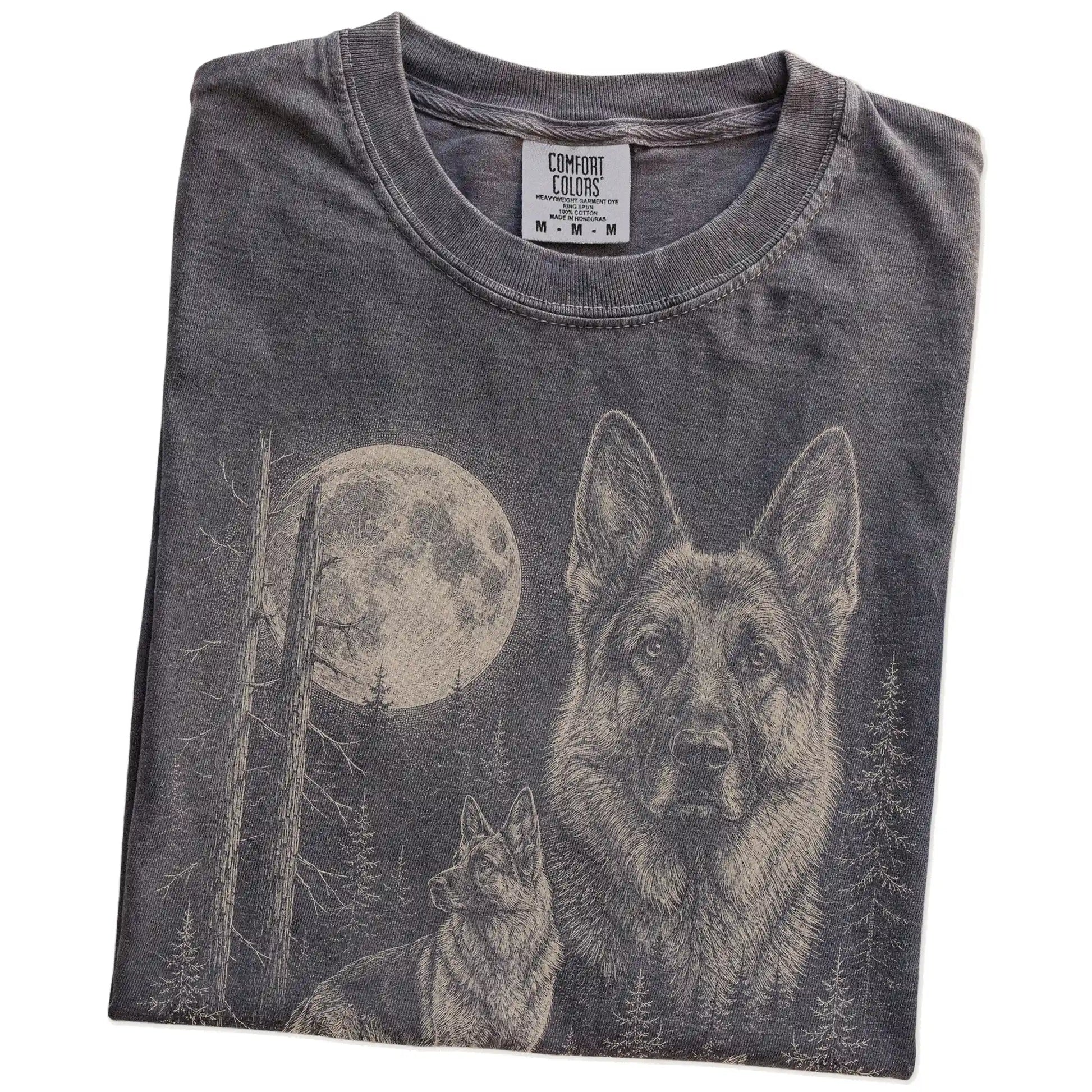 Folded Pepper German Shepherd Moonlit Forest T-Shirt showing the graphic
