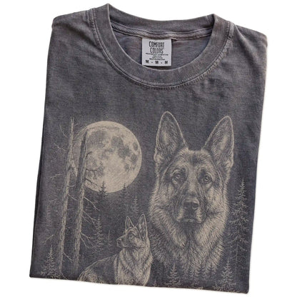 Folded Pepper German Shepherd Moonlit Forest T-Shirt showing the graphic