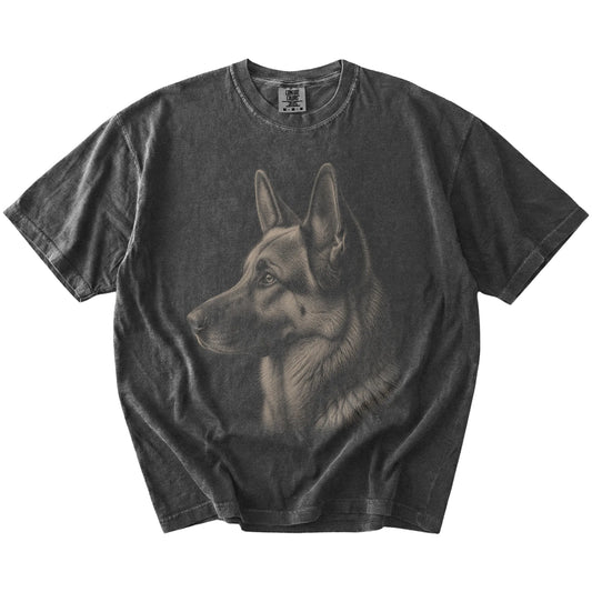 A detailed photographic portrait of a German Shepherd on a Pepper Comfort Colors® T-shirt