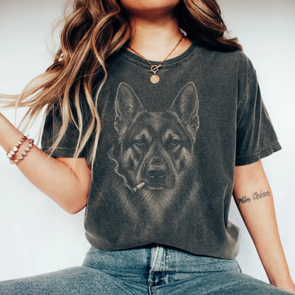 Model wearing a German Shepherd smoking design on a Pepper t-shirt
