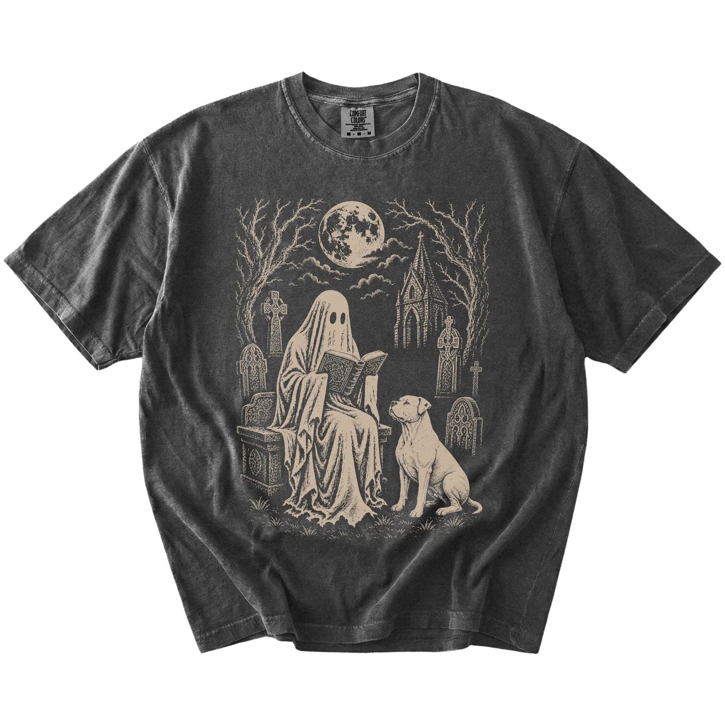 American Bulldog beside a reading ghost in a moonlit graveyard on a Pepper Comfort Colors® T-shirt