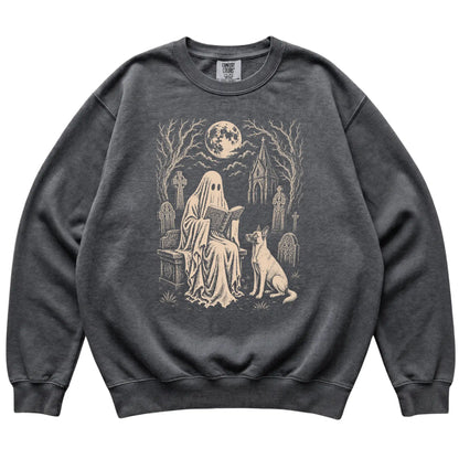 Belgian Malinois Ghost Reading sweatshirt in Pepper, flat lay view
