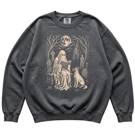 Belgian Malinois Ghost Reading sweatshirt in Pepper, flat lay view