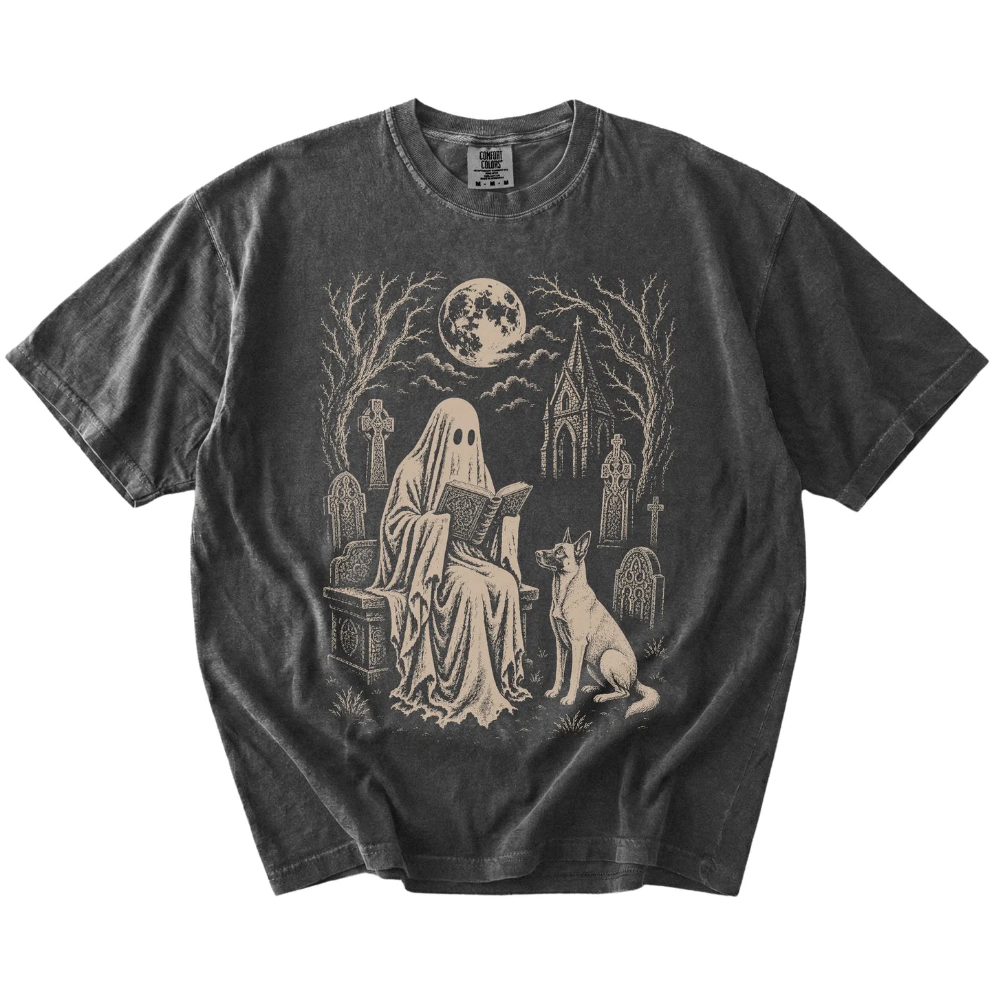 Belgian Malinois beside a reading ghost in a moonlit graveyard on a Pepper Comfort Colors® T-shirt