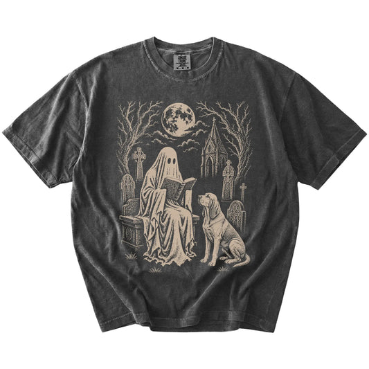 Bloodhound beside a reading ghost in a moonlit graveyard on a Pepper Comfort Colors® T-shirt