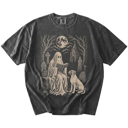 Boxer beside a reading ghost in a moonlit graveyard on a Pepper Comfort Colors® T-shirt
