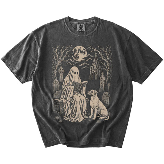 Boxer beside a reading ghost in a moonlit graveyard on a Pepper Comfort Colors® T-shirt